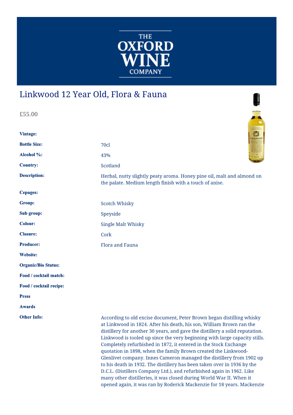 Linkwood 12 Year Old, Flora & Fauna