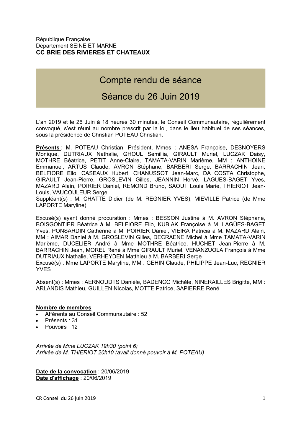 Compte Rendu Du Conseil Communautaire Du 26 Juin 2019