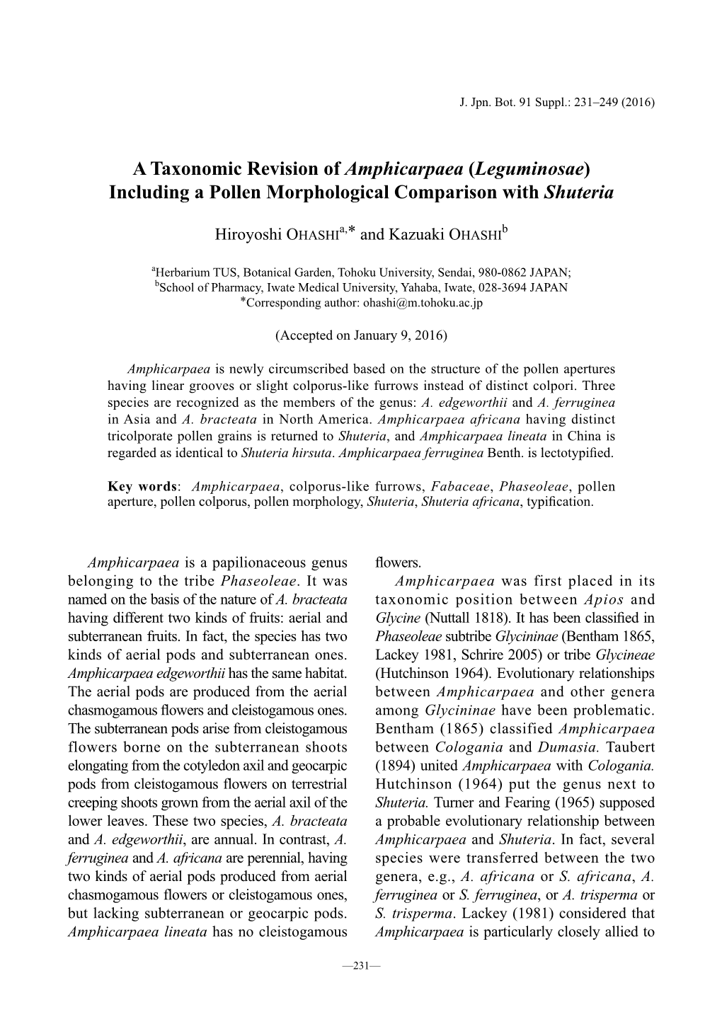 A Taxonomic Revision of Amphicarpaea (Leguminosae) Including a Pollen Morphological Comparison with Shuteria