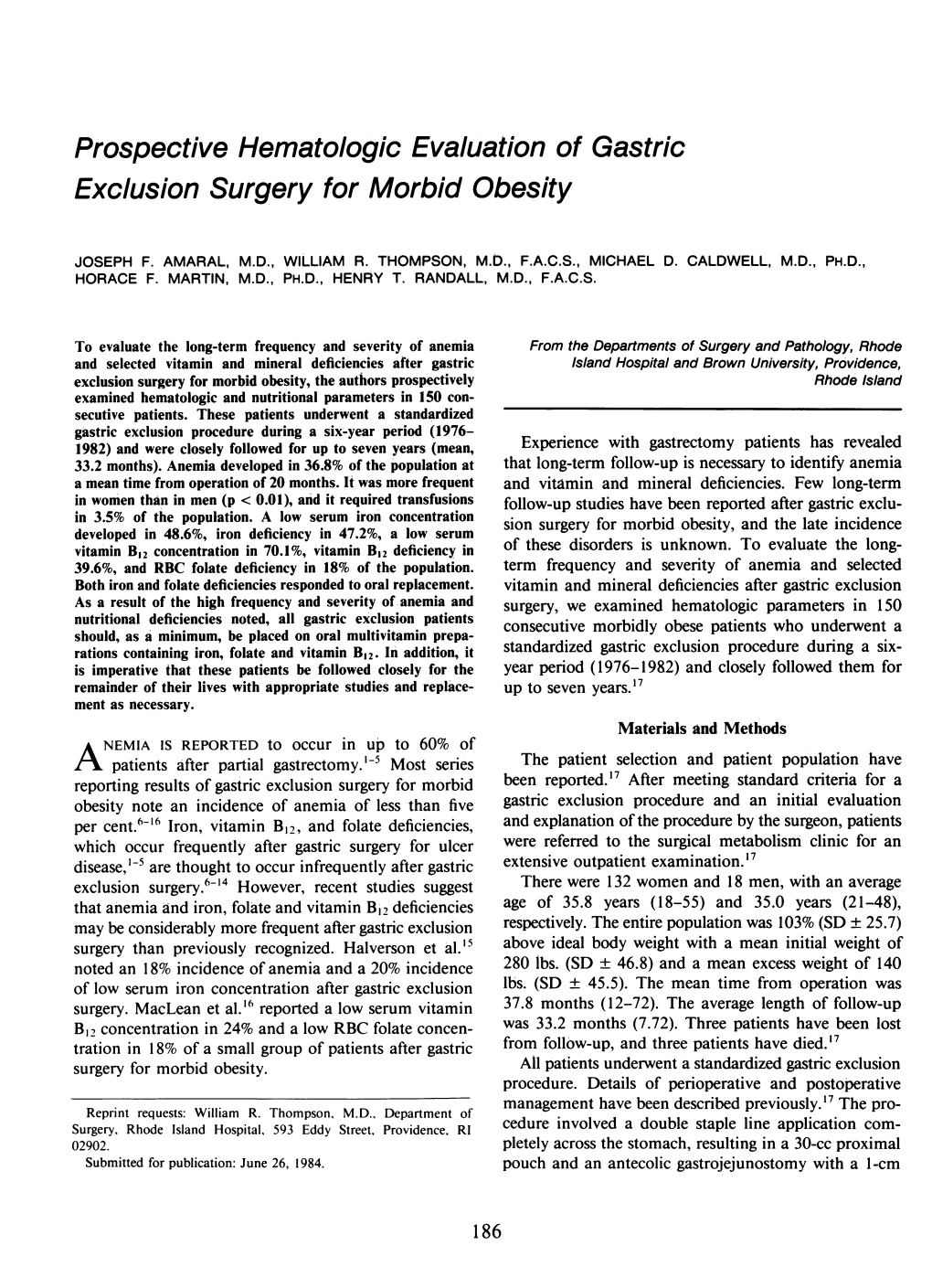 Prospective Hematologic Evaluation of Gastric Exclusion Surgery for Morbid Obesity