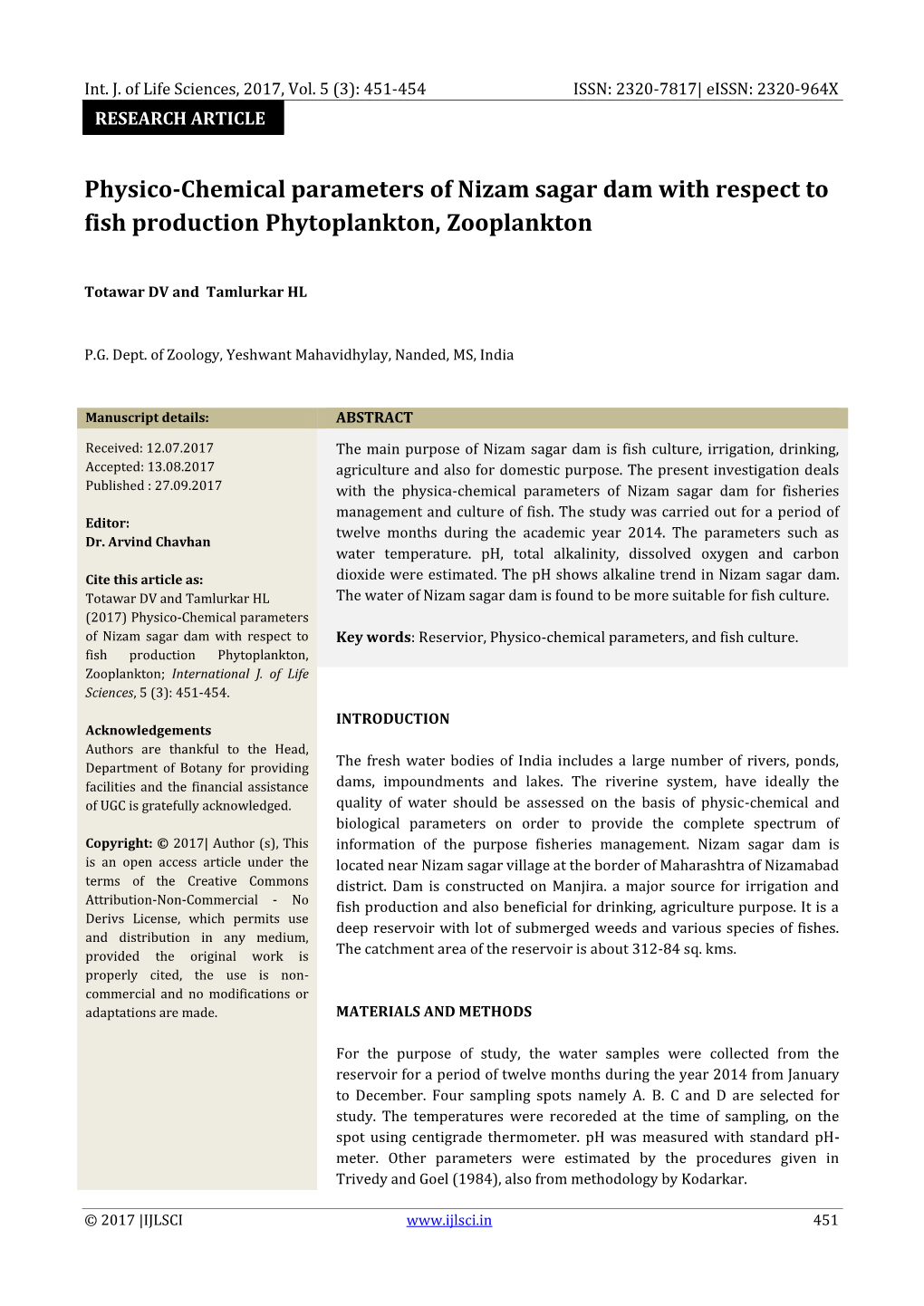 Physico-Chemical Parameters of Nizam Sagar Dam with Respect to Fish Production Phytoplankton, Zooplankton