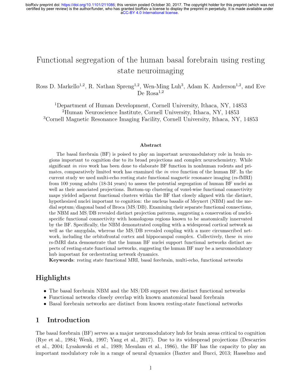 Functional Segregation of the Human Basal Forebrain Using Resting State Neuroimaging