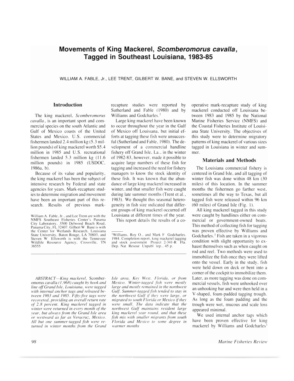 Movements of King Mackerel, Scomberomoru5 Cavalla, Tagged in Southeast Louisiana, 1983-85