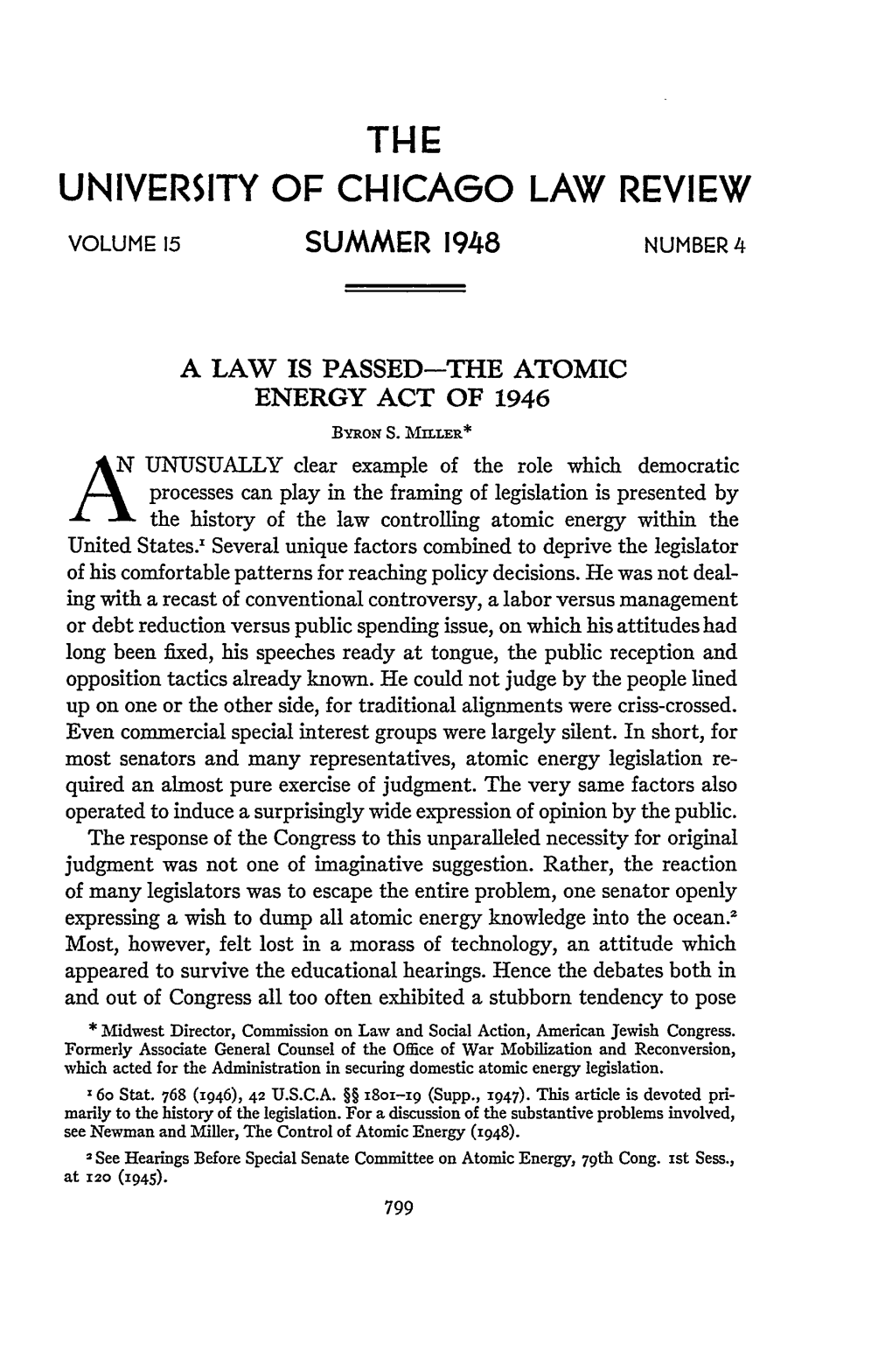 THE ATOMIC ENERGY ACT of 1946 Bymon S