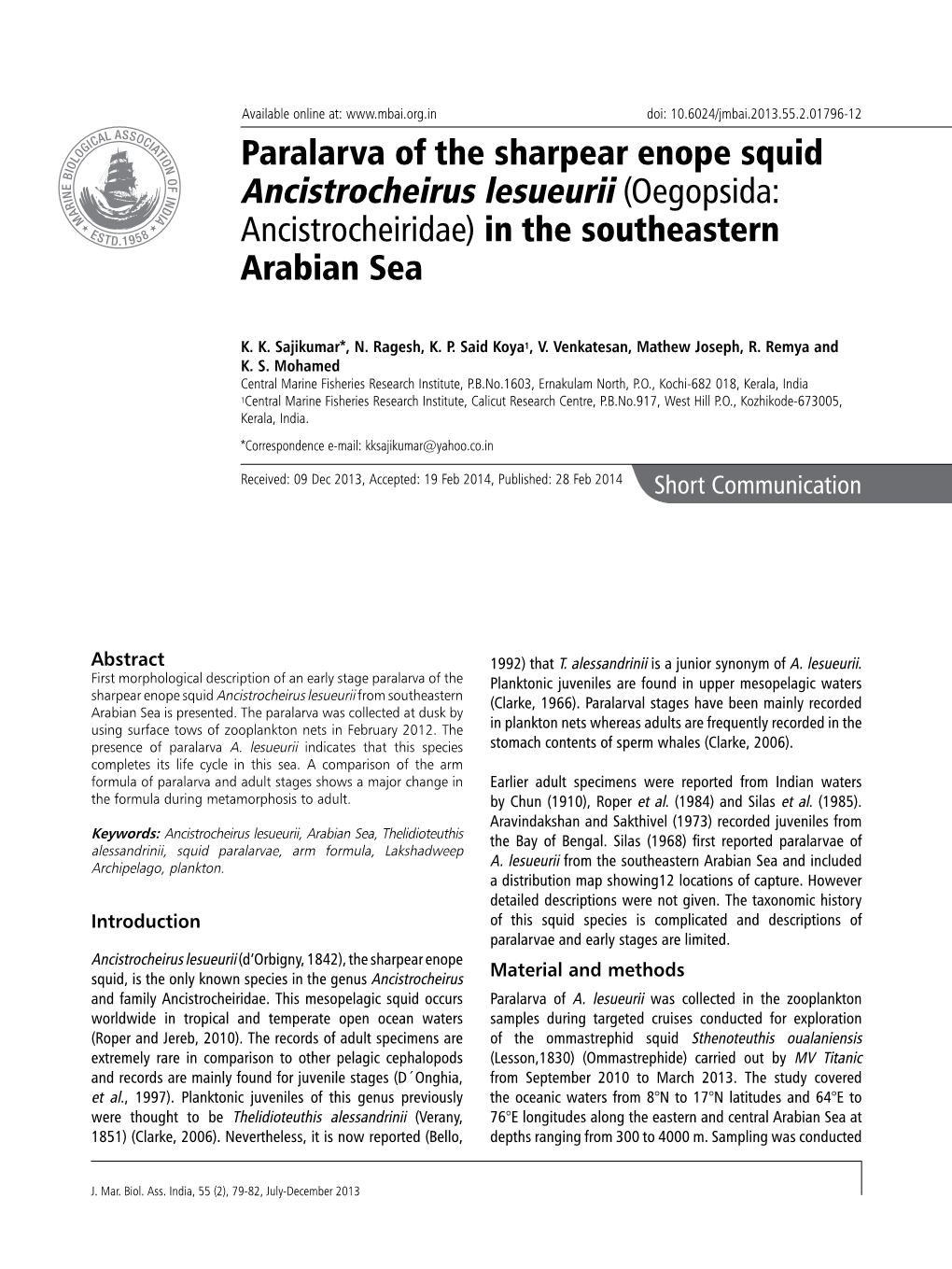 Paralarva of the Sharpear Enope Squid Ancistrocheirus Lesueurii (Oegopsida: Ancistrocheiridae) in the Southeastern Arabian Sea