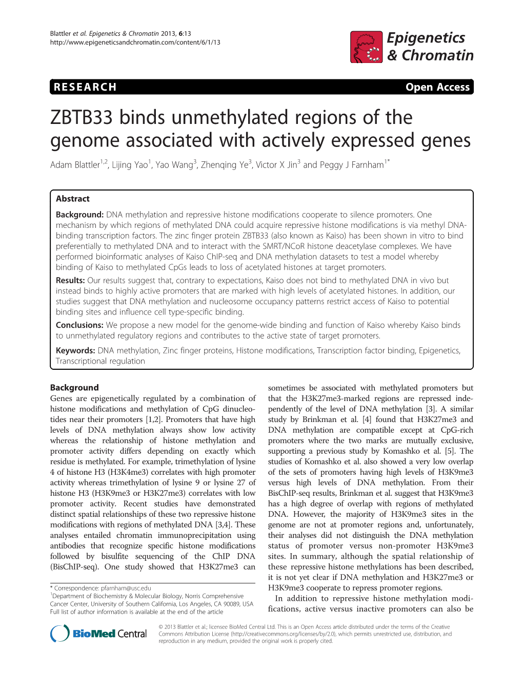 ZBTB33 Binds Unmethylated Regions of the Genome Associated With