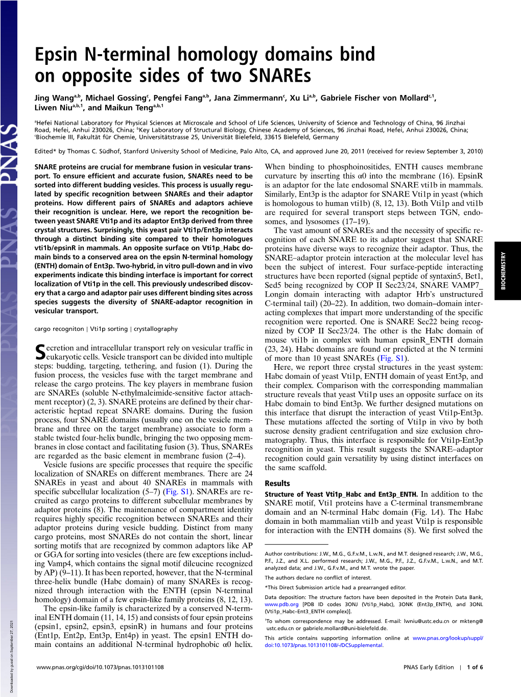 Epsin N-Terminal Homology Domains Bind on Opposite Sides of Two Snares