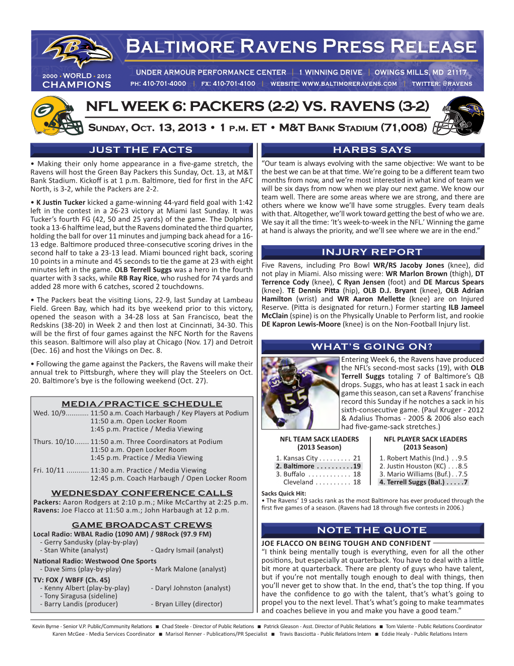 Baltimore Ravens Press Release