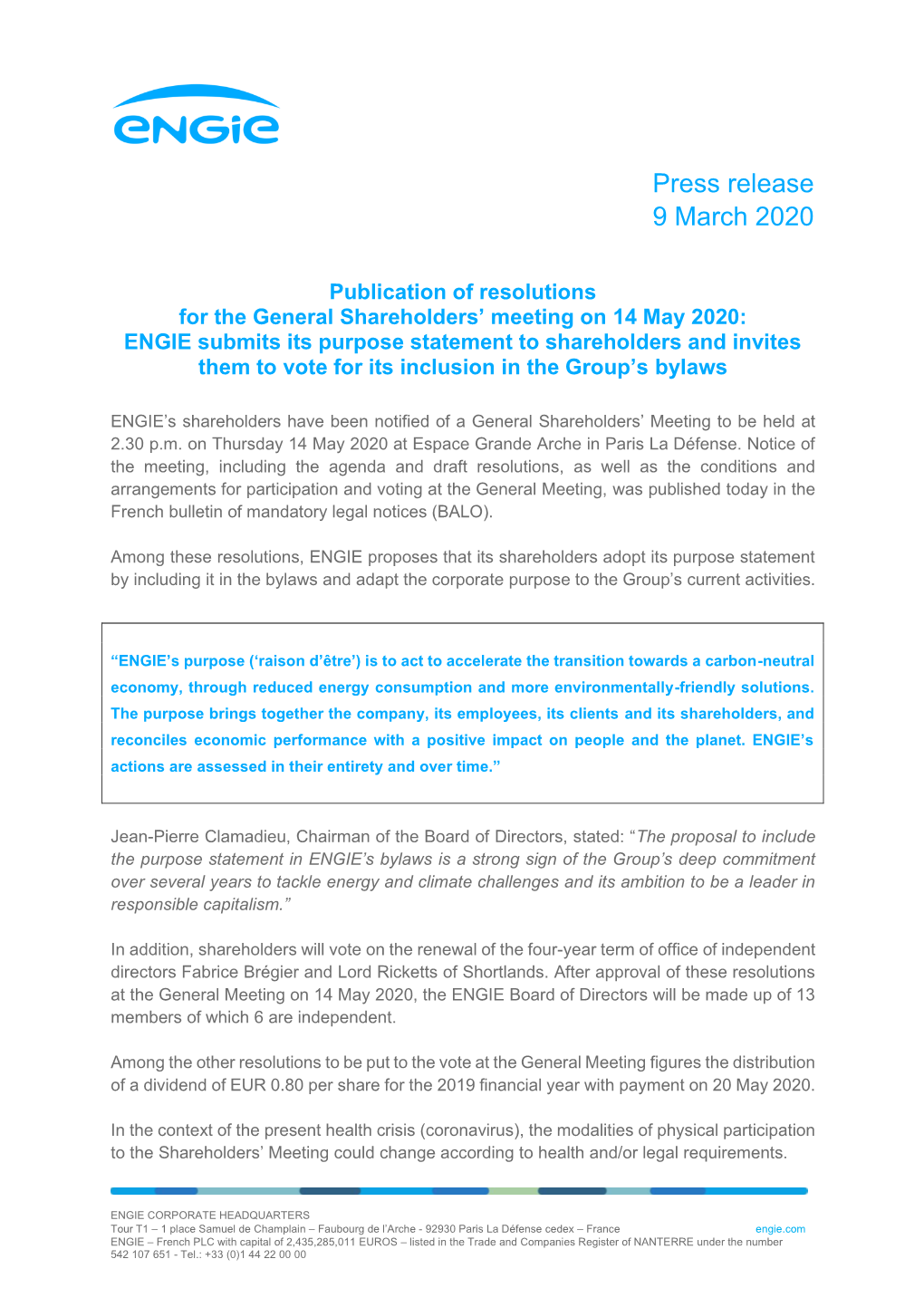 Press Release 9 March 2020