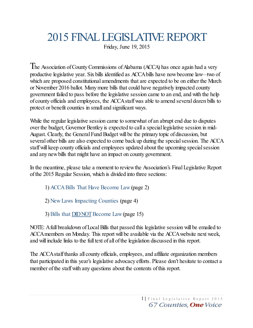 2015 FINAL LEGISLATIVE REPORT Friday, June 19, 2015