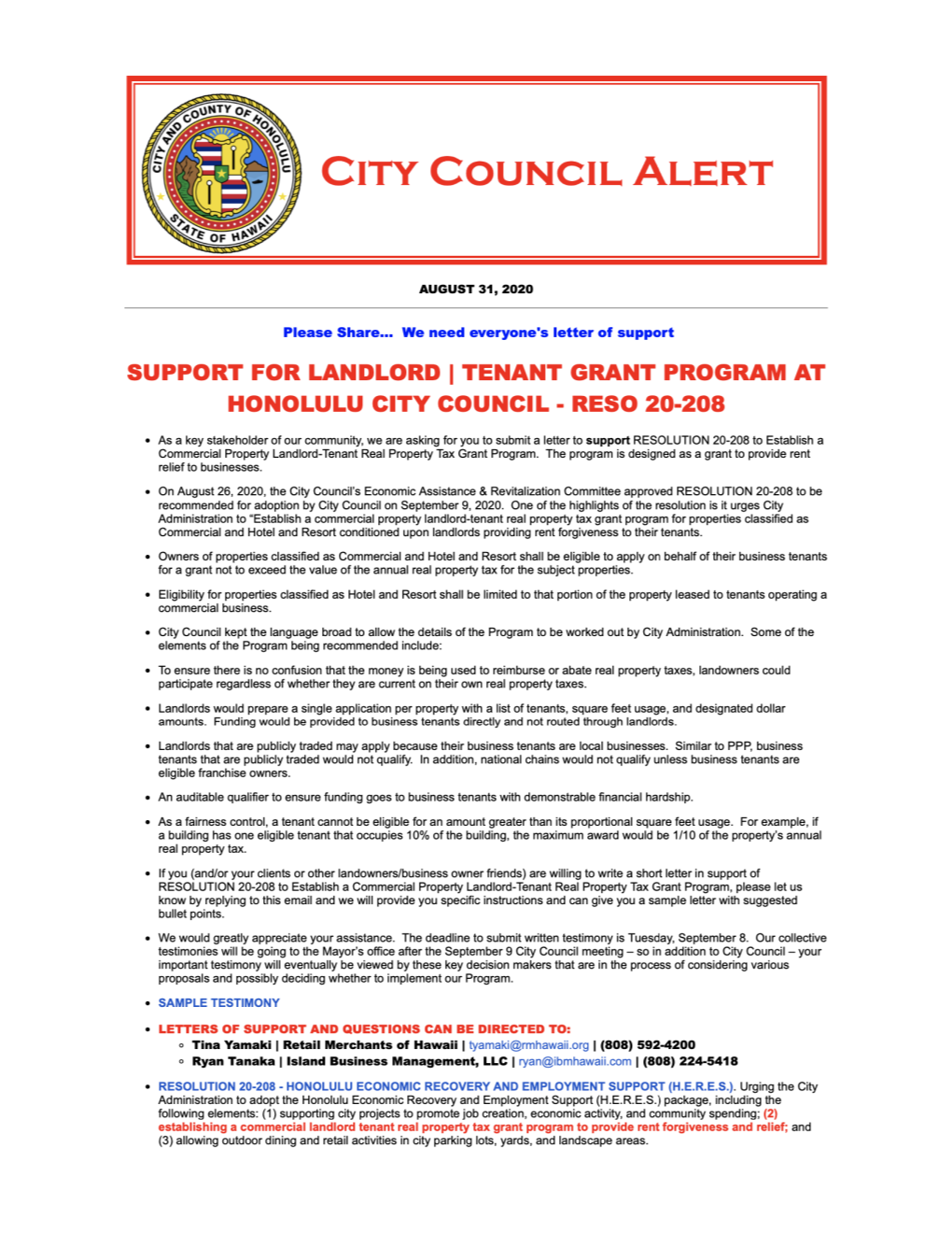 RESOLUTION 20-208 to Establish a Commercial Property Landlord-Tenant Real Property Tax Grant Program