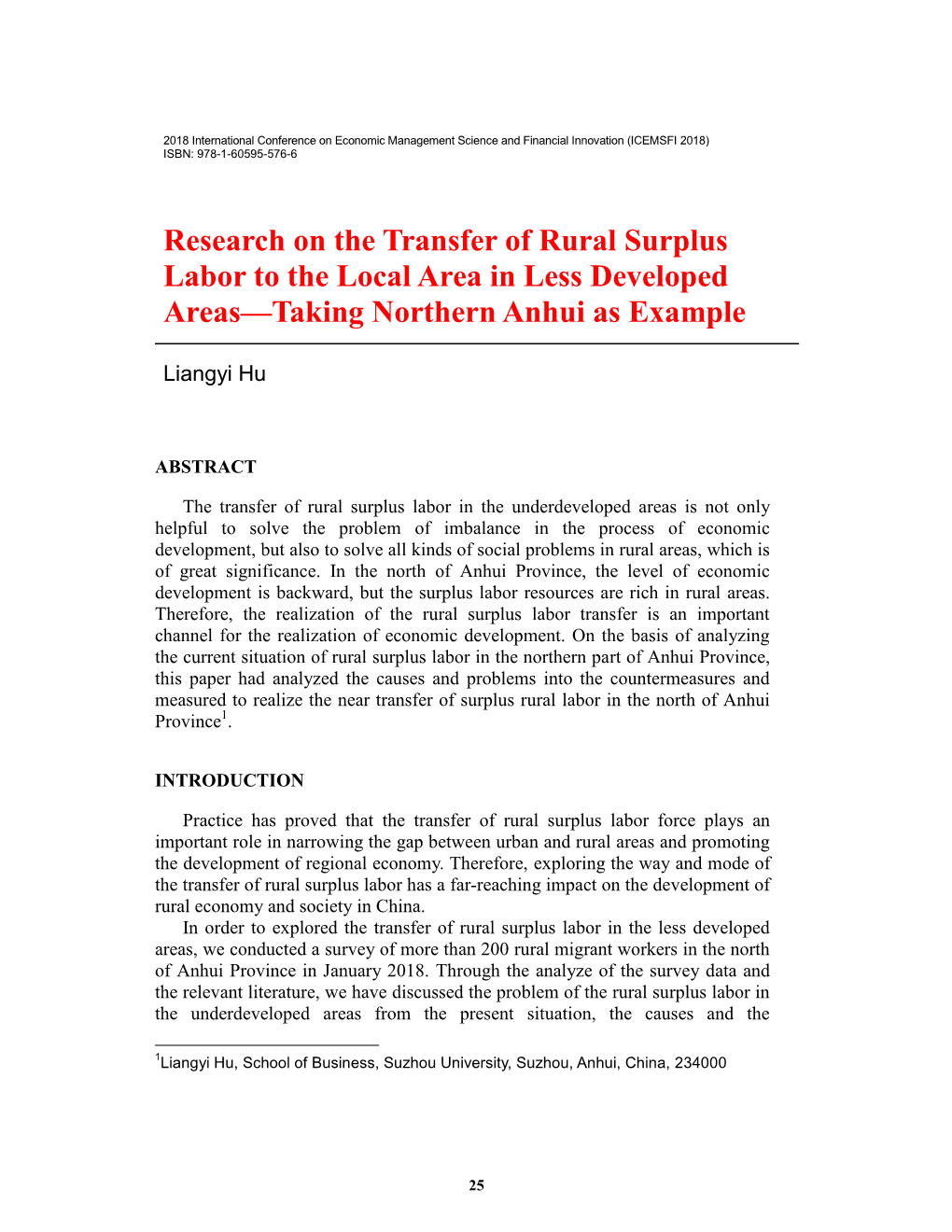 Research on the Transfer of Rural Surplus Labor to the Local Area in Less Developed