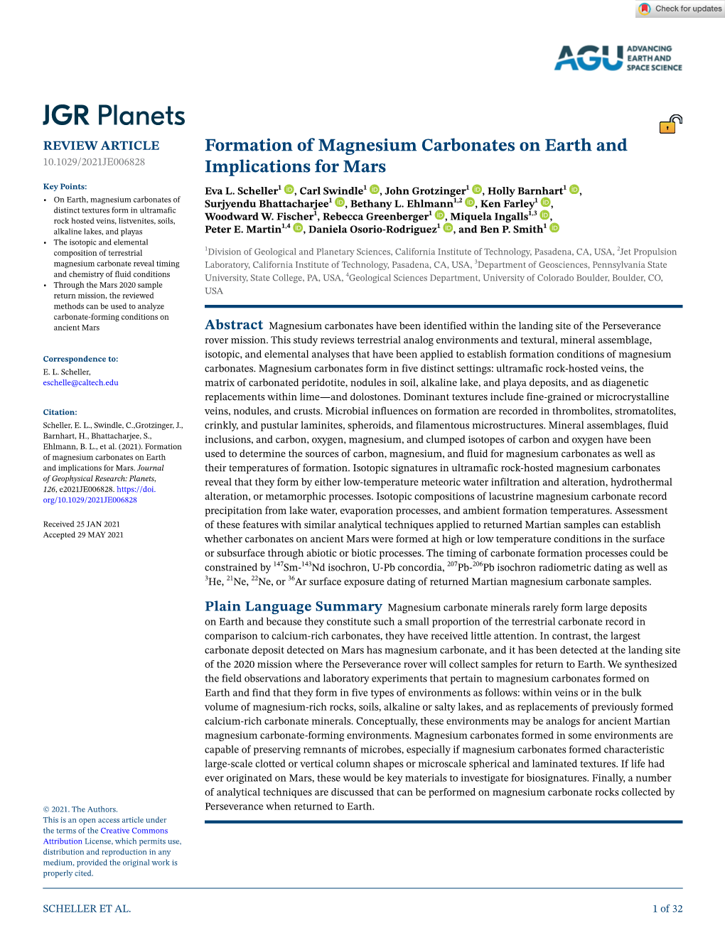 Formation of Magnesium Carbonates on Earth and Implications for Mars