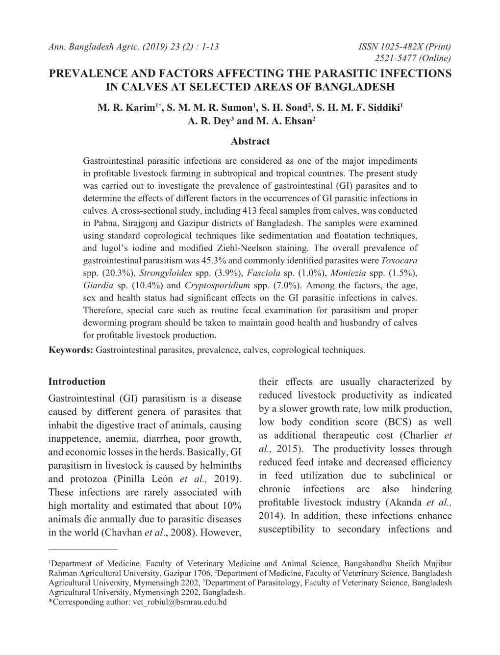 Prevalence and Factors Affecting the Parasitic Infections in Calves at Selected Areas of Bangladesh M