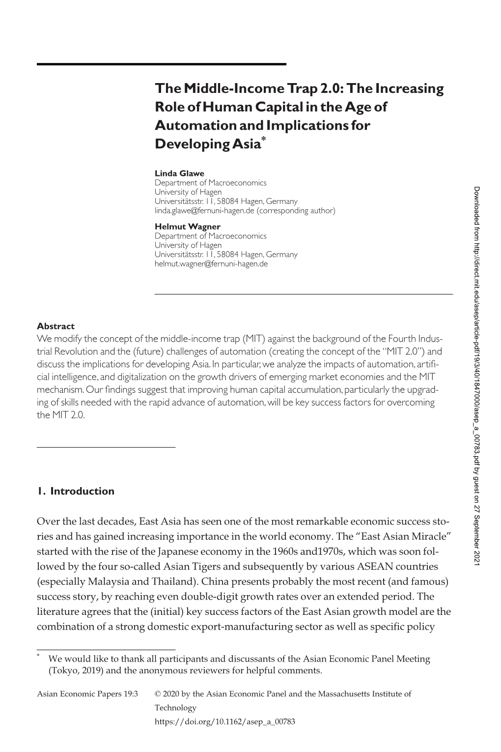 The Middle-Income Trap 2.0: the Increasing Role of Human Capital in the Age of Automation and Implications for Developing Asia*