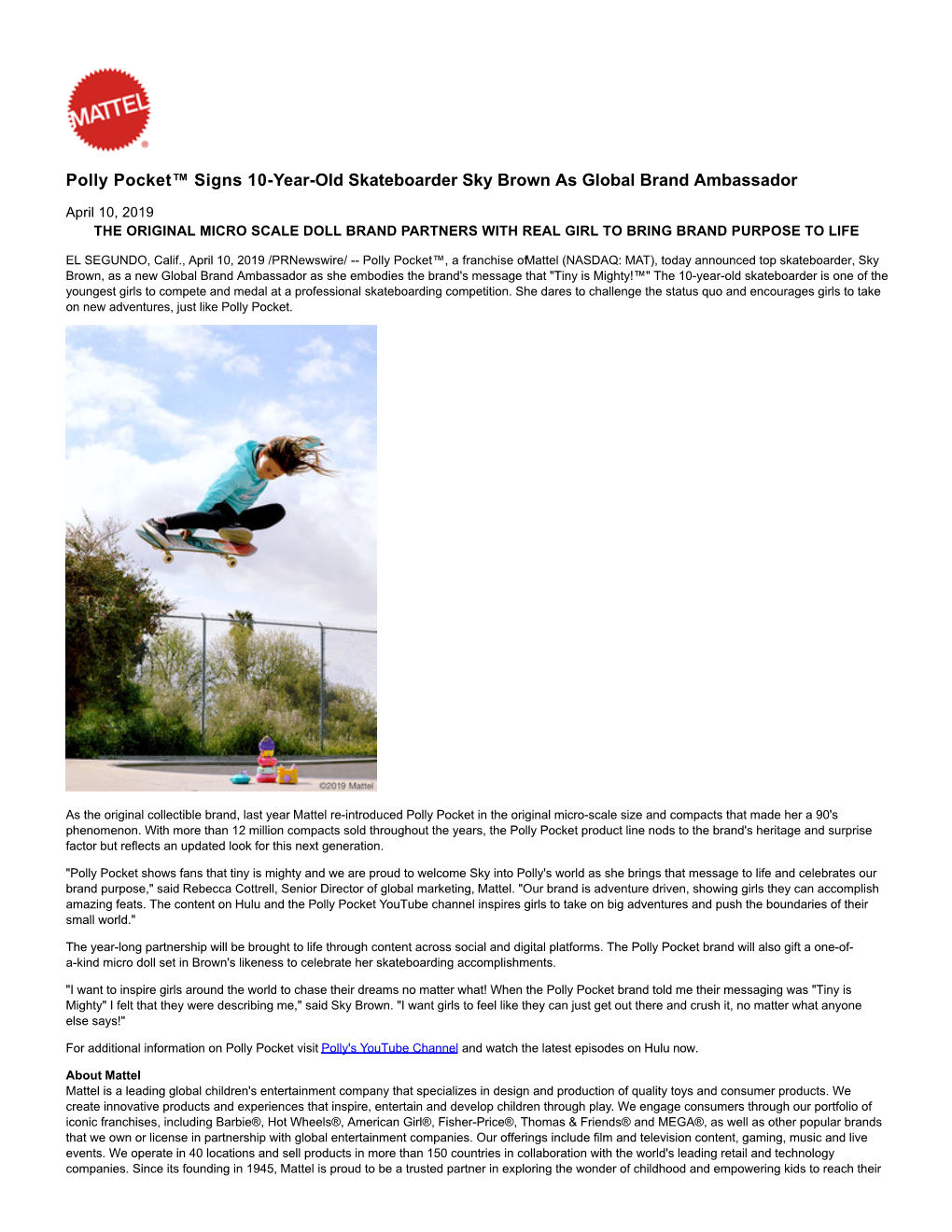 Polly Pocket™ Signs 10-Year-Old Skateboarder Sky Brown As Global Brand Ambassador