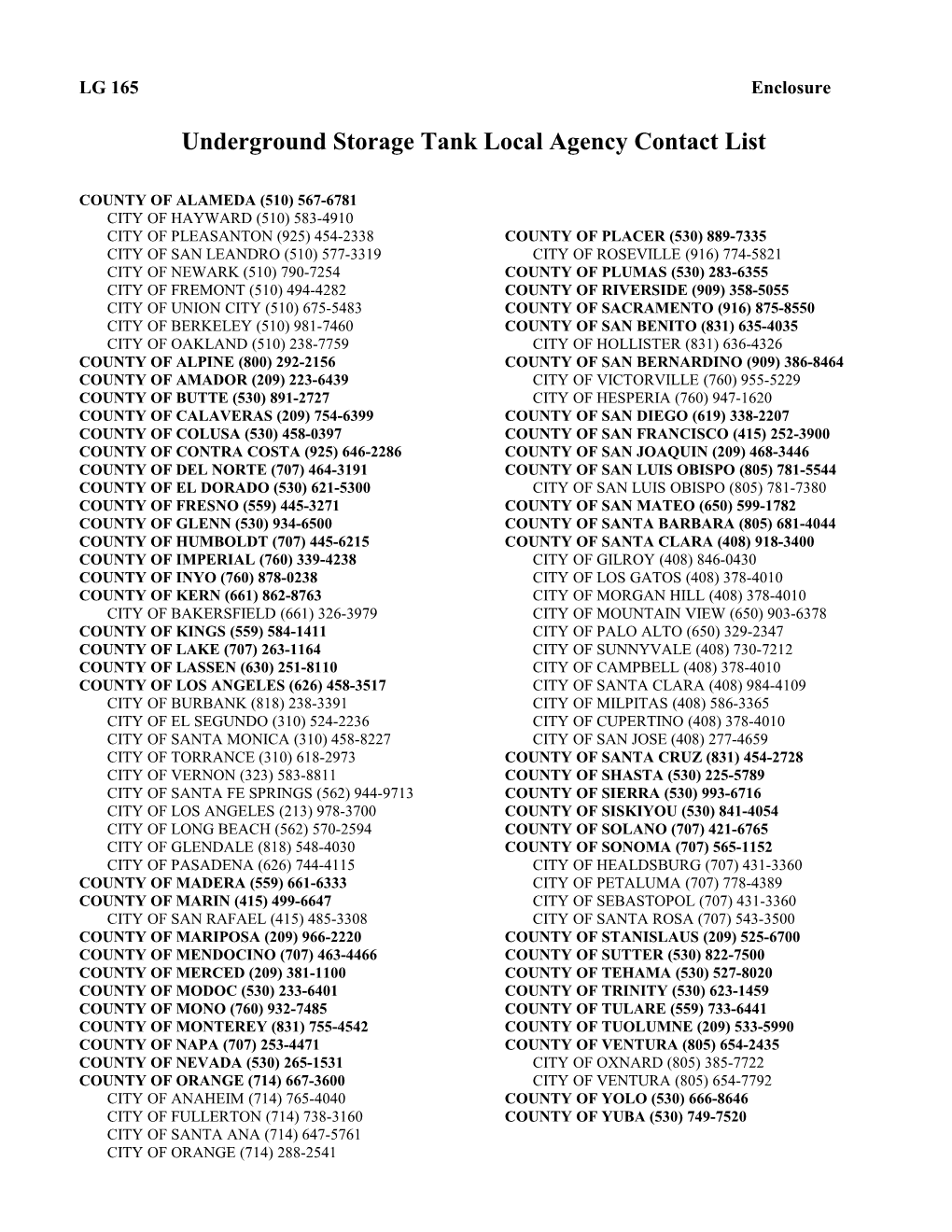 Underground Storage Tank Local Agency Contact List