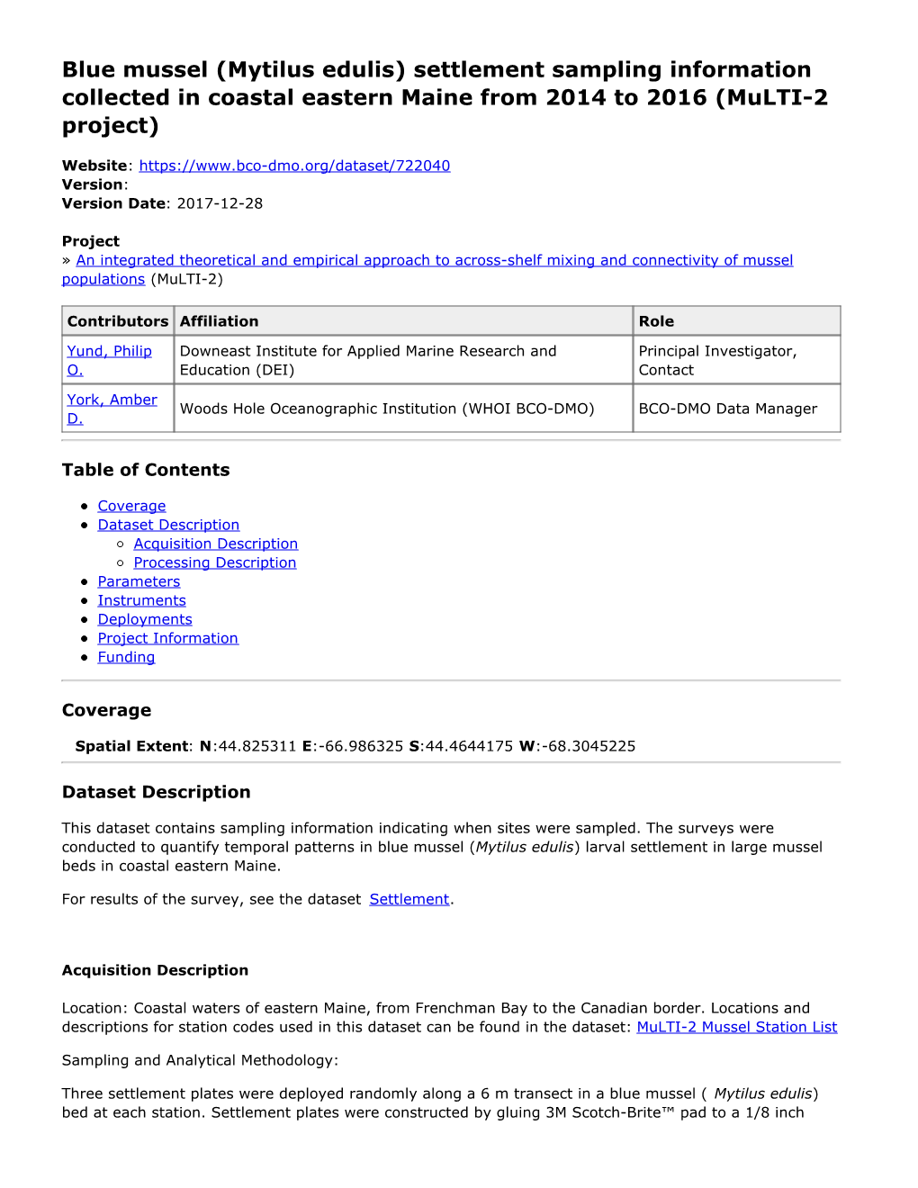 Blue Mussel (Mytilus Edulis) Settlement Sampling Information Collected in Coastal Eastern Maine from 2014 to 2016 (Multi-2 Project)