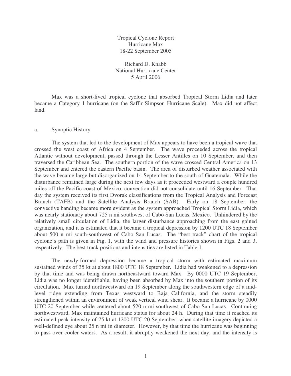 1 Tropical Cyclone Report Hurricane Max 18-22 September 2005