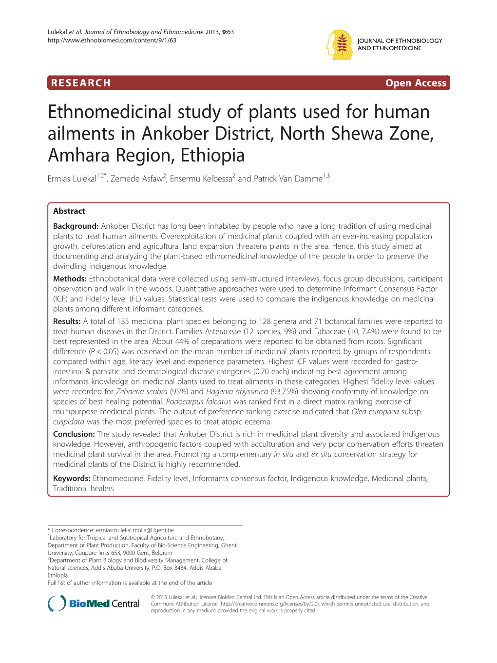 Ethnomedicinal Study of Plants Used for Human Ailments in Ankober District, North Shewa Zone, Amhara Region, Ethiopia