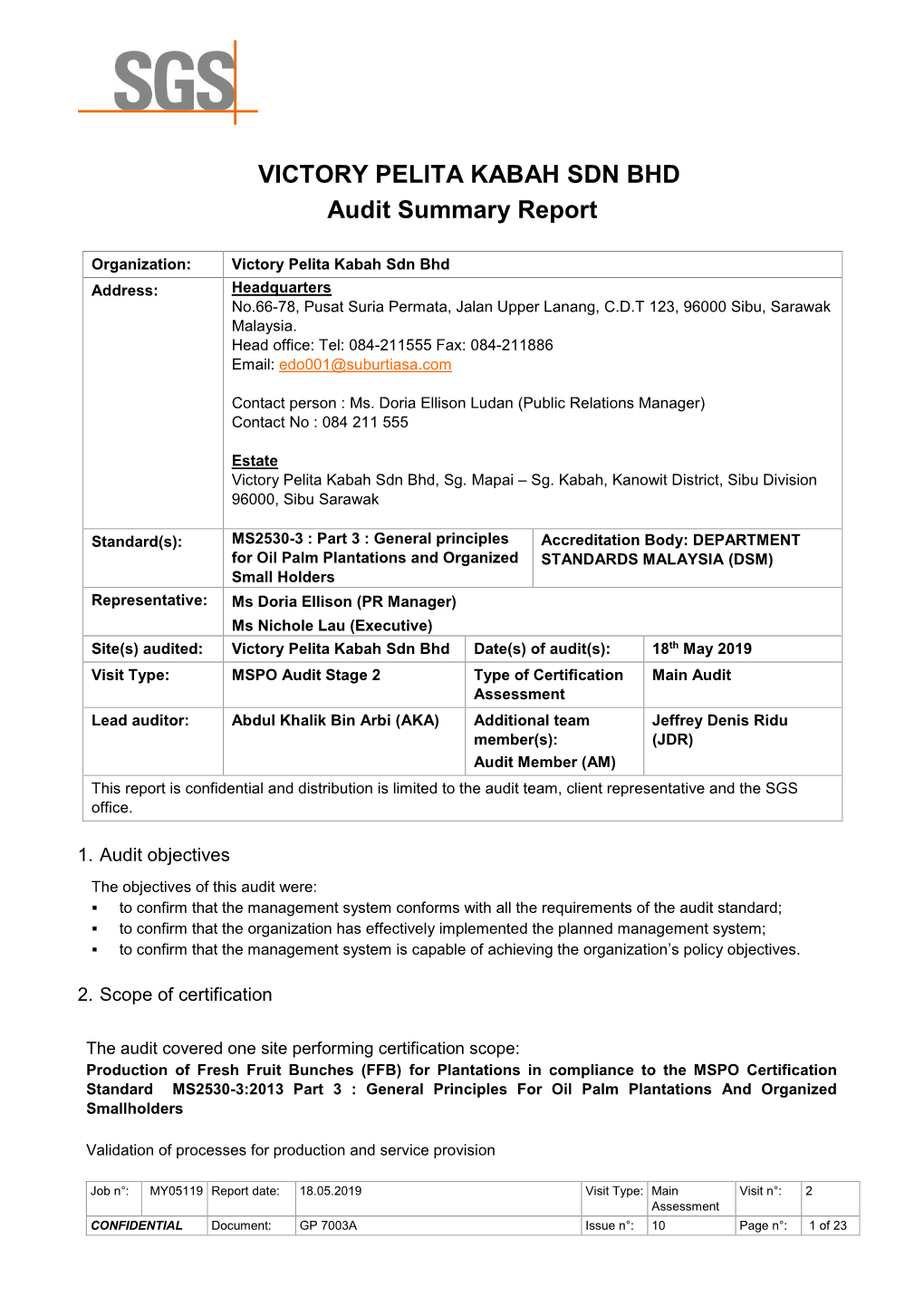 VICTORY PELITA KABAH SDN BHD Audit Summary Report