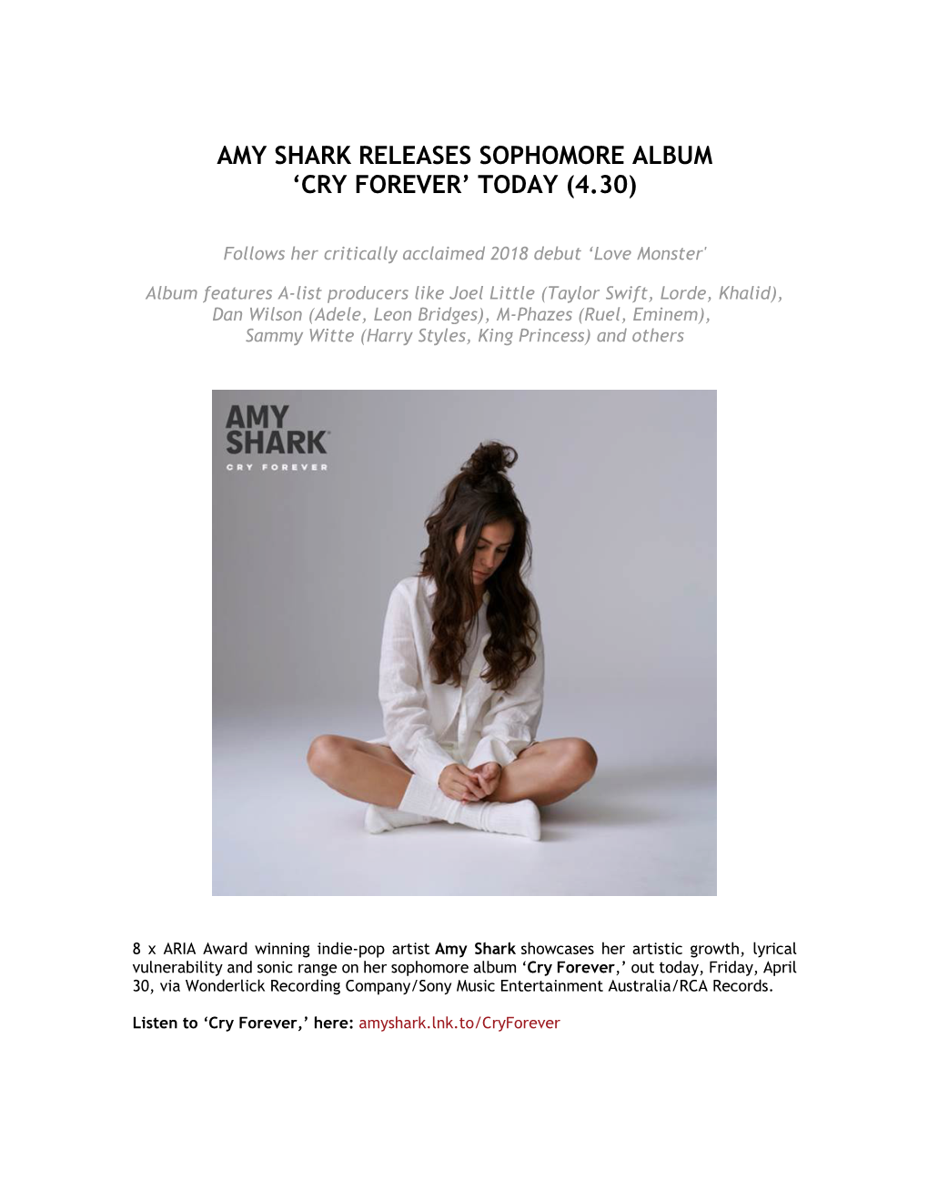 Amy Shark Releases Sophomore Album 'Cry Forever' Today (4.30)