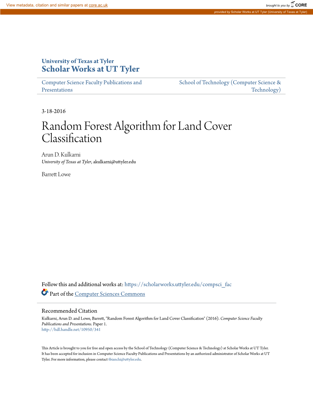 Random Forest Algorithm for Land Cover Classification Arun D