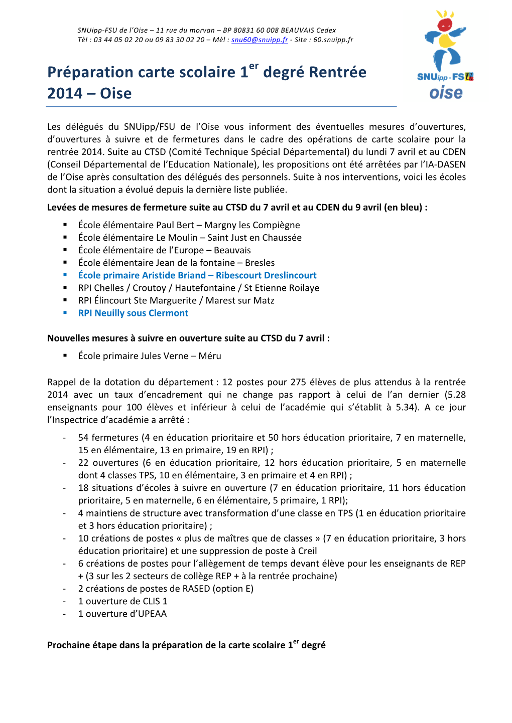 Préparation Carte Scolaire 1 Degré Rentrée 2014