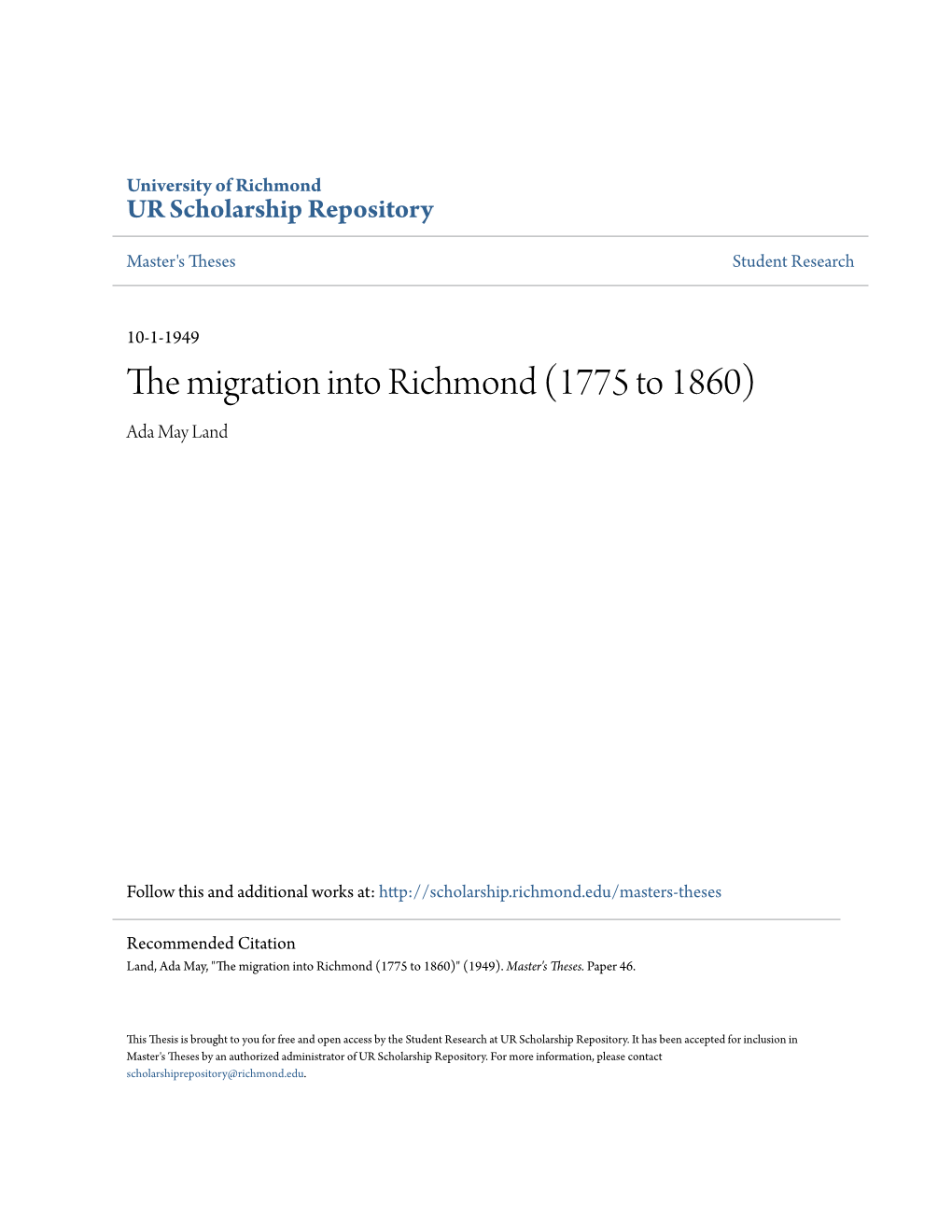 The Migration Into Richmond (1775 to 1860) Ada May Land