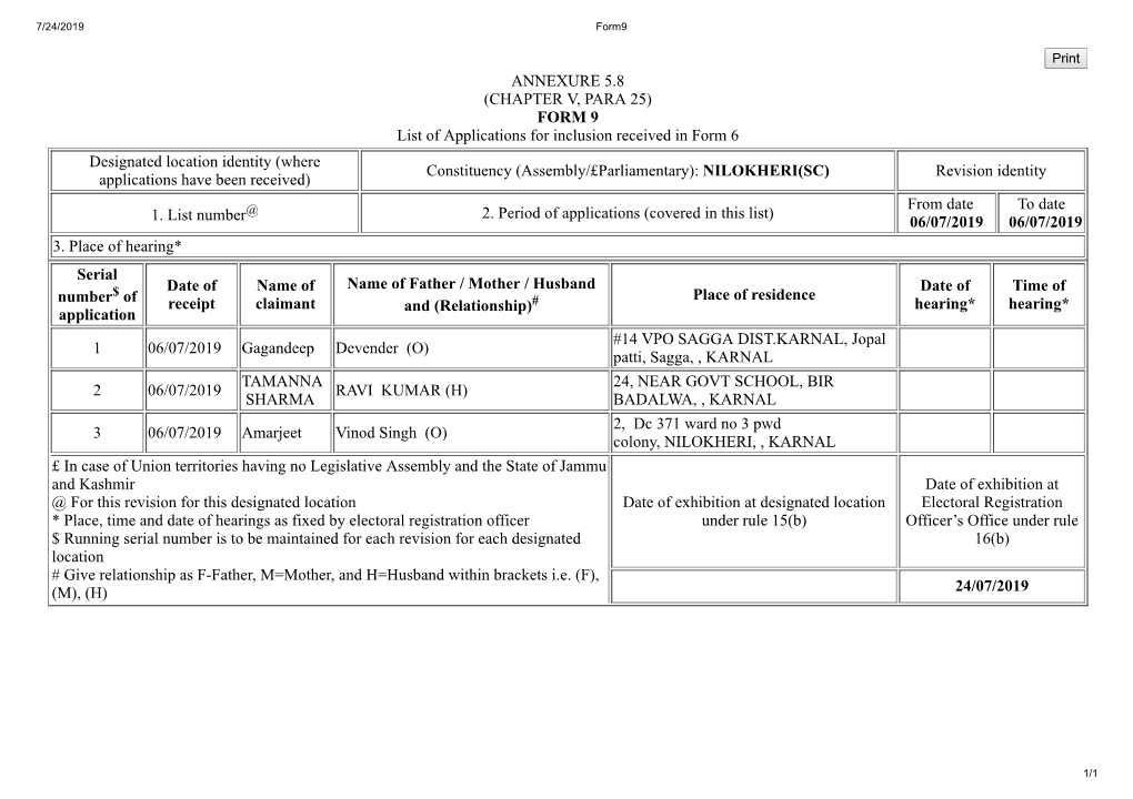 ANNEXURE 5.8 (CHAPTER V, PARA 25) FORM 9 List of Applications For