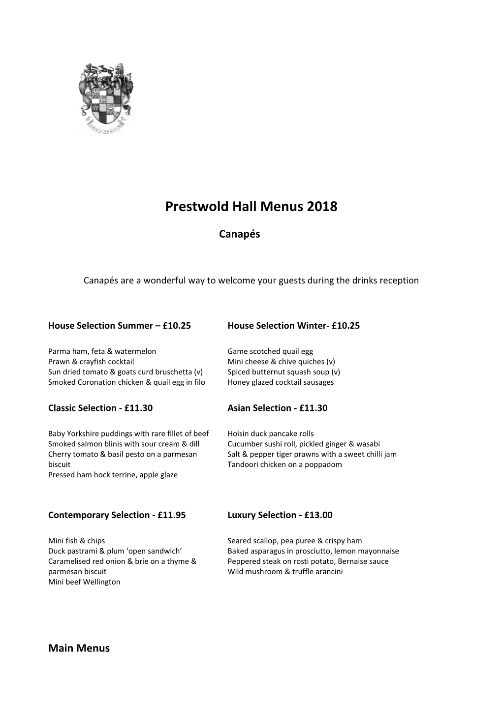 Prestwold Hall Menus 2018