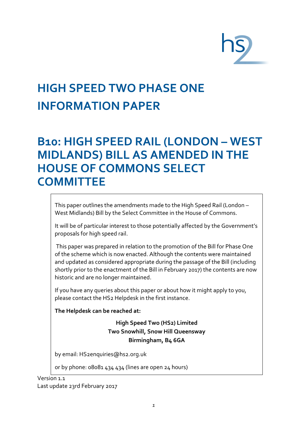 High Speed Rail (London – West Midlands) Bill As Amended in the House of Commons Select Committee