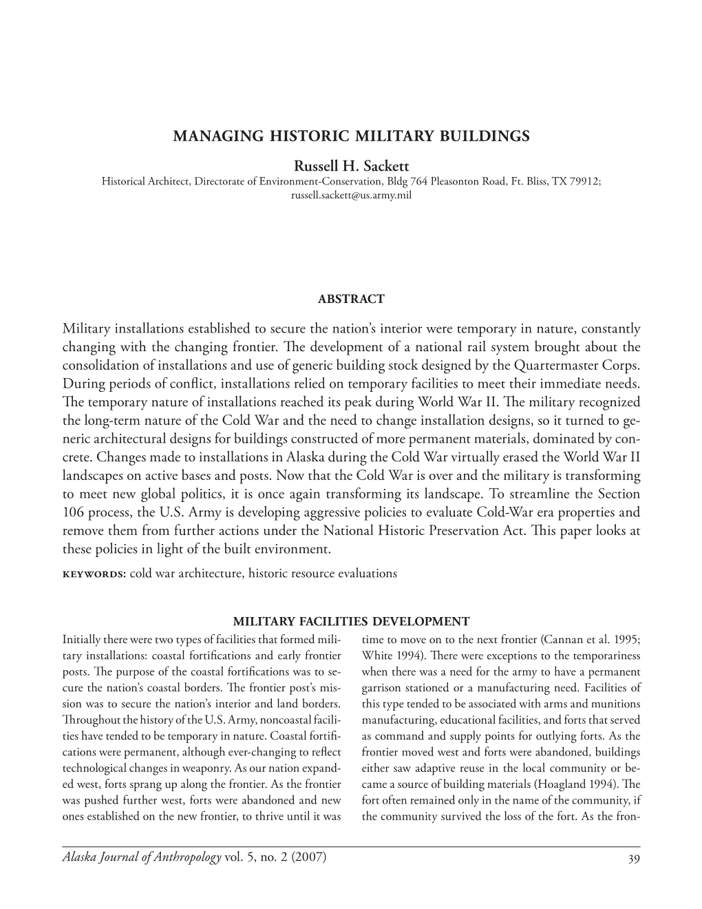 MANAGING HISTORIC MILITARY BUILDINGS Russell H. Sackett