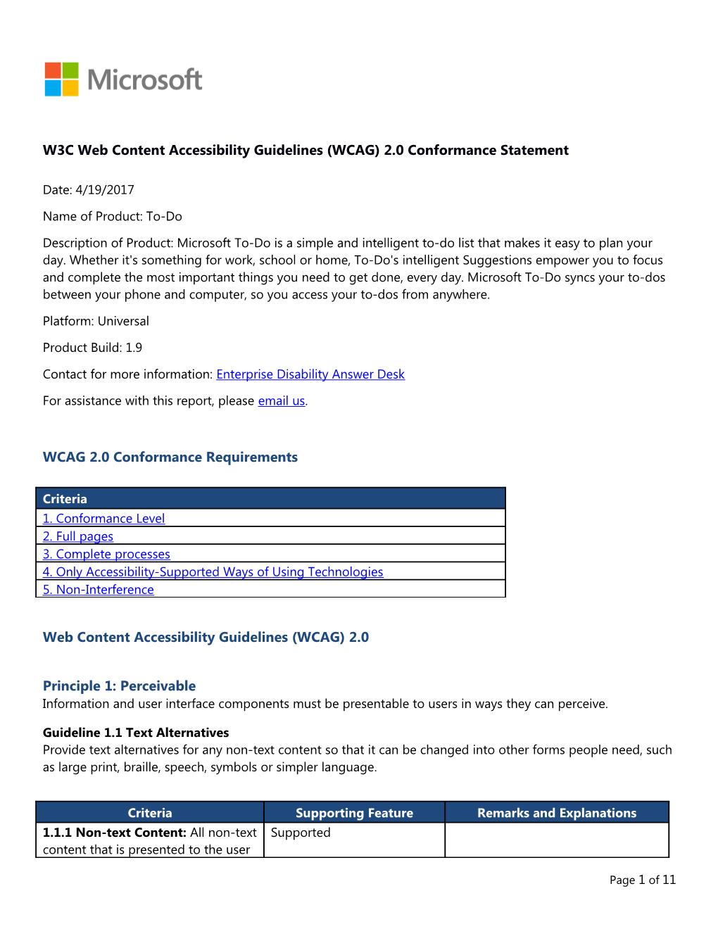 W3C Web Content Accessibility Guidelines (WCAG) 2.0 Conformance Statement Date: 4/19/2017