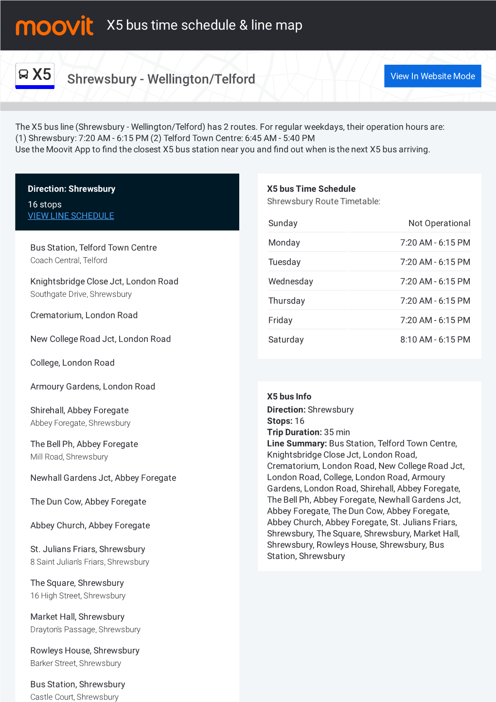 X5 Bus Time Schedule & Line Route