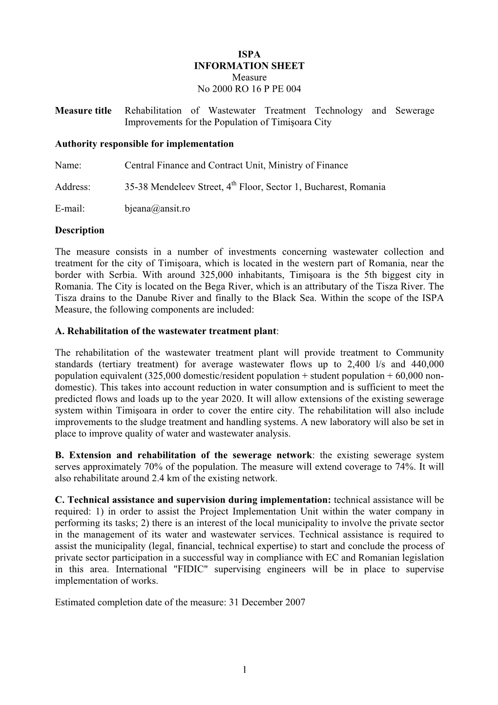 INFORMATION SHEET Measure No 2000 RO 16 P PE 004