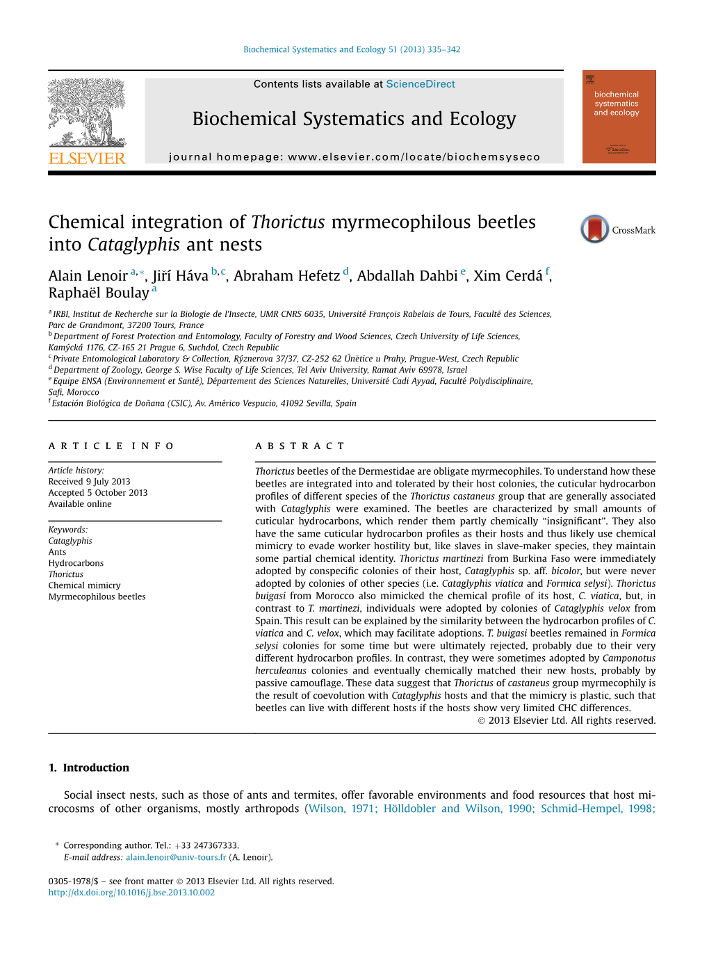 Chemical Integration of Thorictus Myrmecophilous Beetles Into Cataglyphis Ant Nests