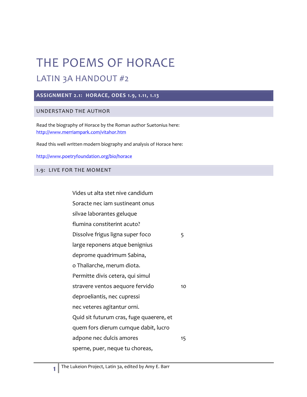 The Poems of Horace Latin 3A Handout #2