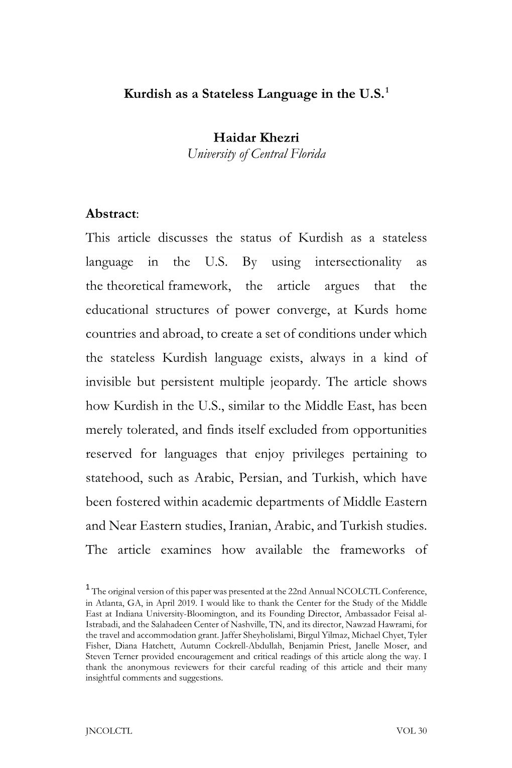 Kurdish As a Stateless Language in the U.S.1