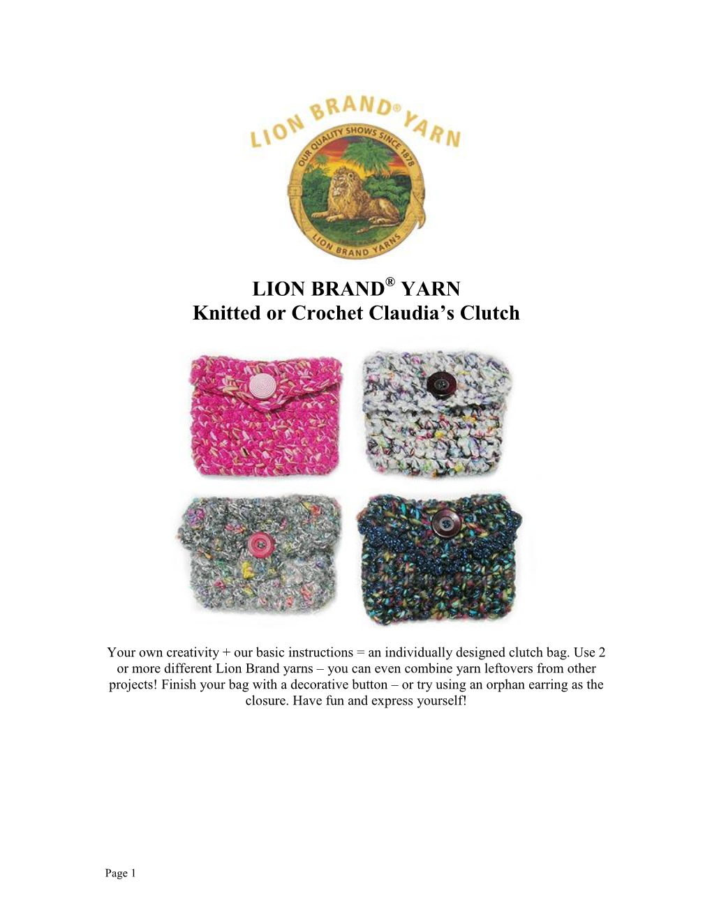 LION BRAND YARN Knitted Or Crochet Claudia's Clutch