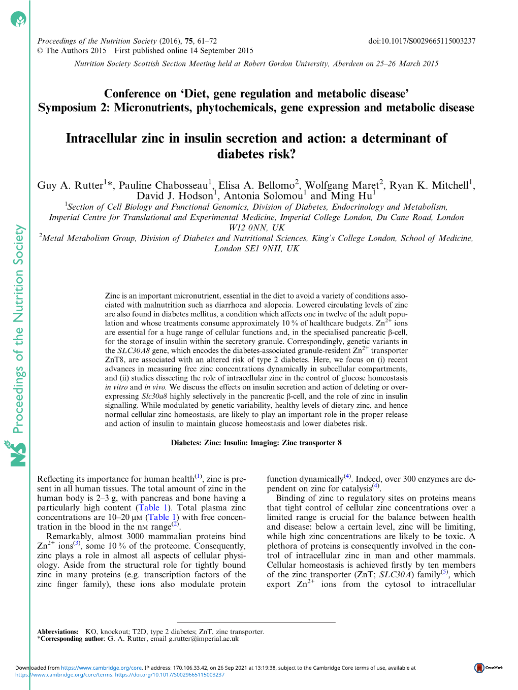 Proceedings of the Nutrition Society Intracellular Zinc in Insulin Secretion
