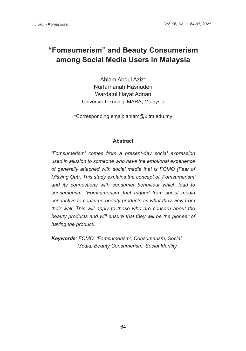 “Fomsumerism” and Beauty Consumerism Among Social Media Users in Malaysia