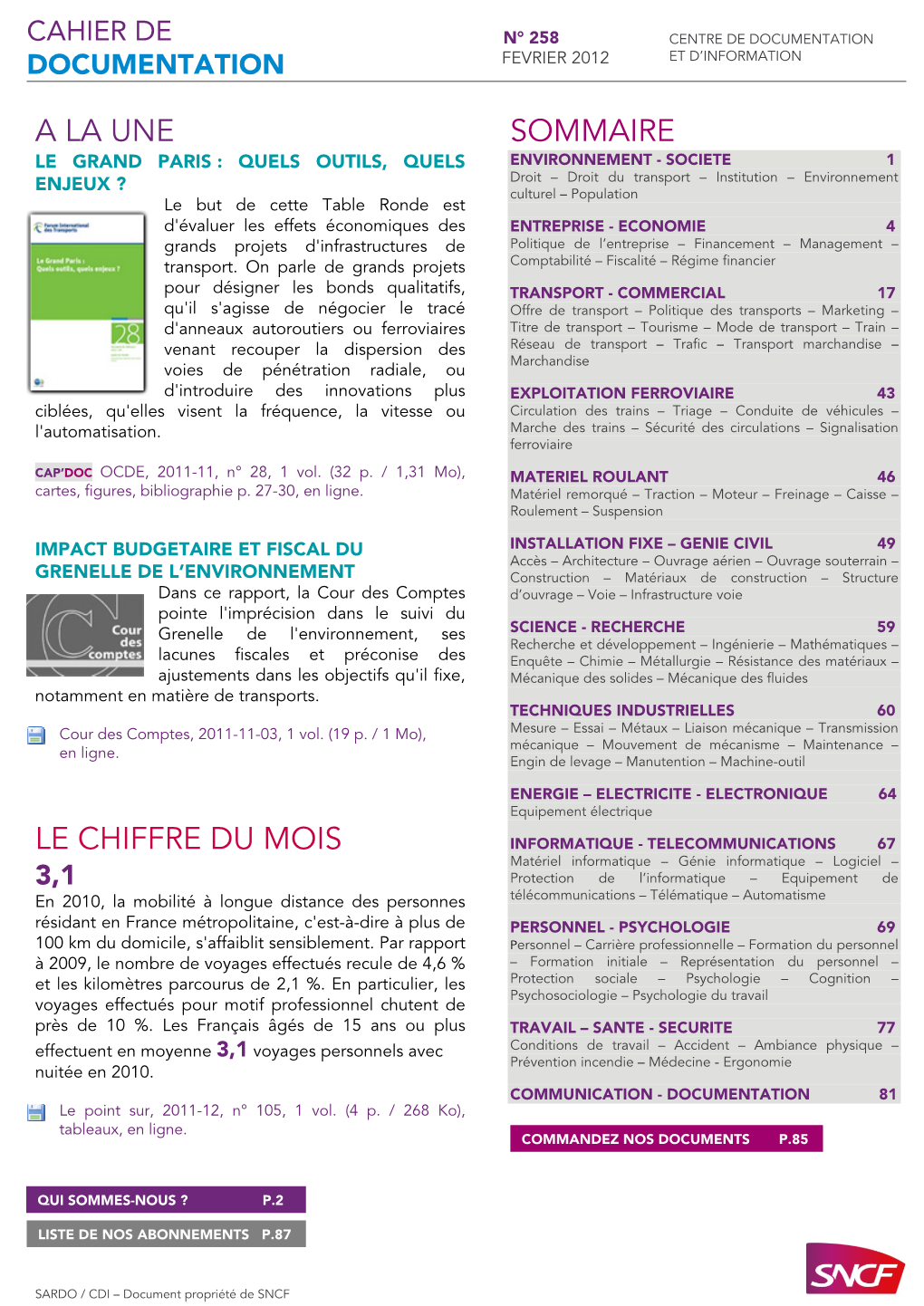 Cahier De N° 258 Centre De Documentation Documentation Fevrier 2012 Et D’Information