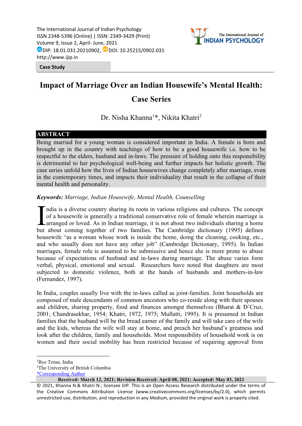 Impact of Marriage Over an Indian Housewife's Mental Health