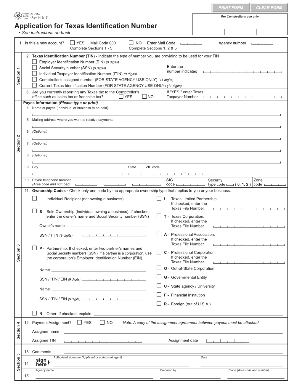 Application for Texas Identification Number (AP-152)