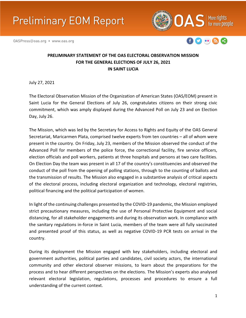 PRELIMINARY STATEMENT of the OAS ELECTORAL OBSERVATION MISSION for the GENERAL ELECTIONS of JULY 26, 2021 in SAINT LUCIA July 27