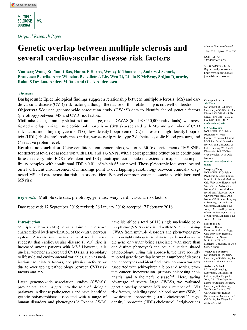 Genetic Overlap Between Multiple Sclerosis and Several Cardiovascular Disease Risk Factors