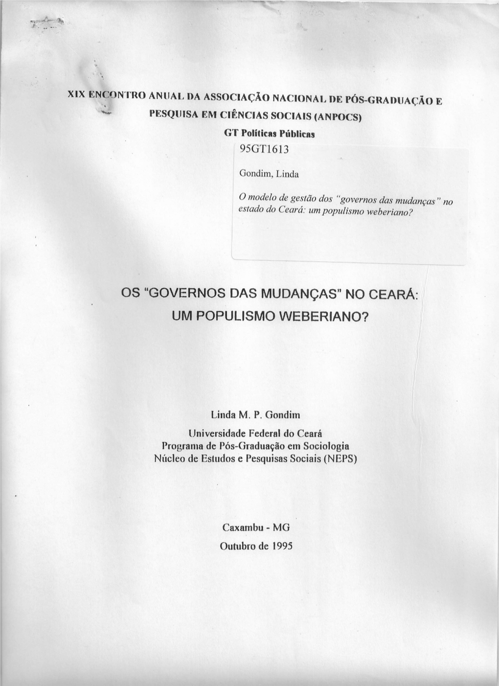 "Governos Das Mudanças" No Ceará: Um Populismo Weberiano?