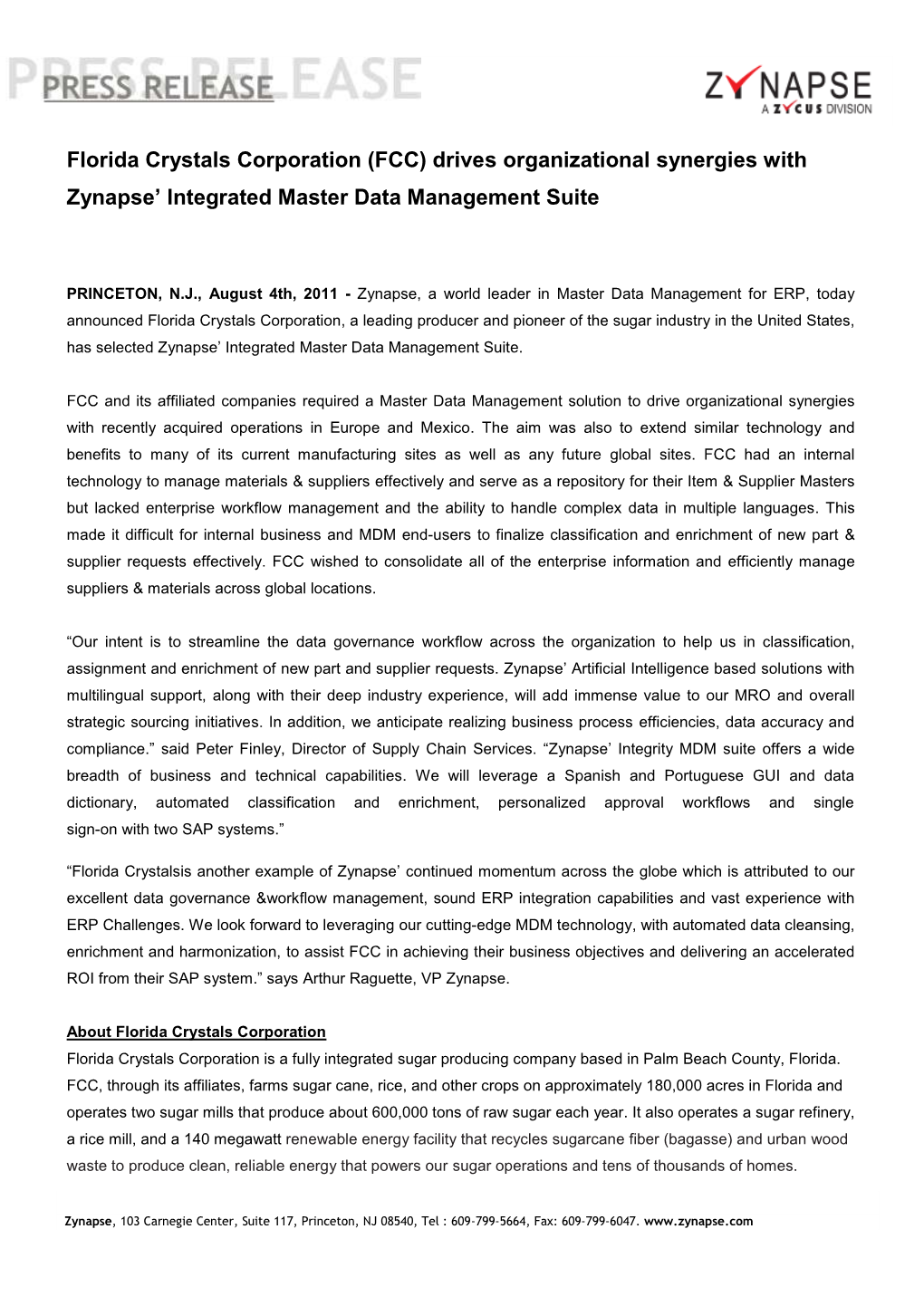 (FCC) Drives Organizational Synergies with Zynapse' Integrated Master