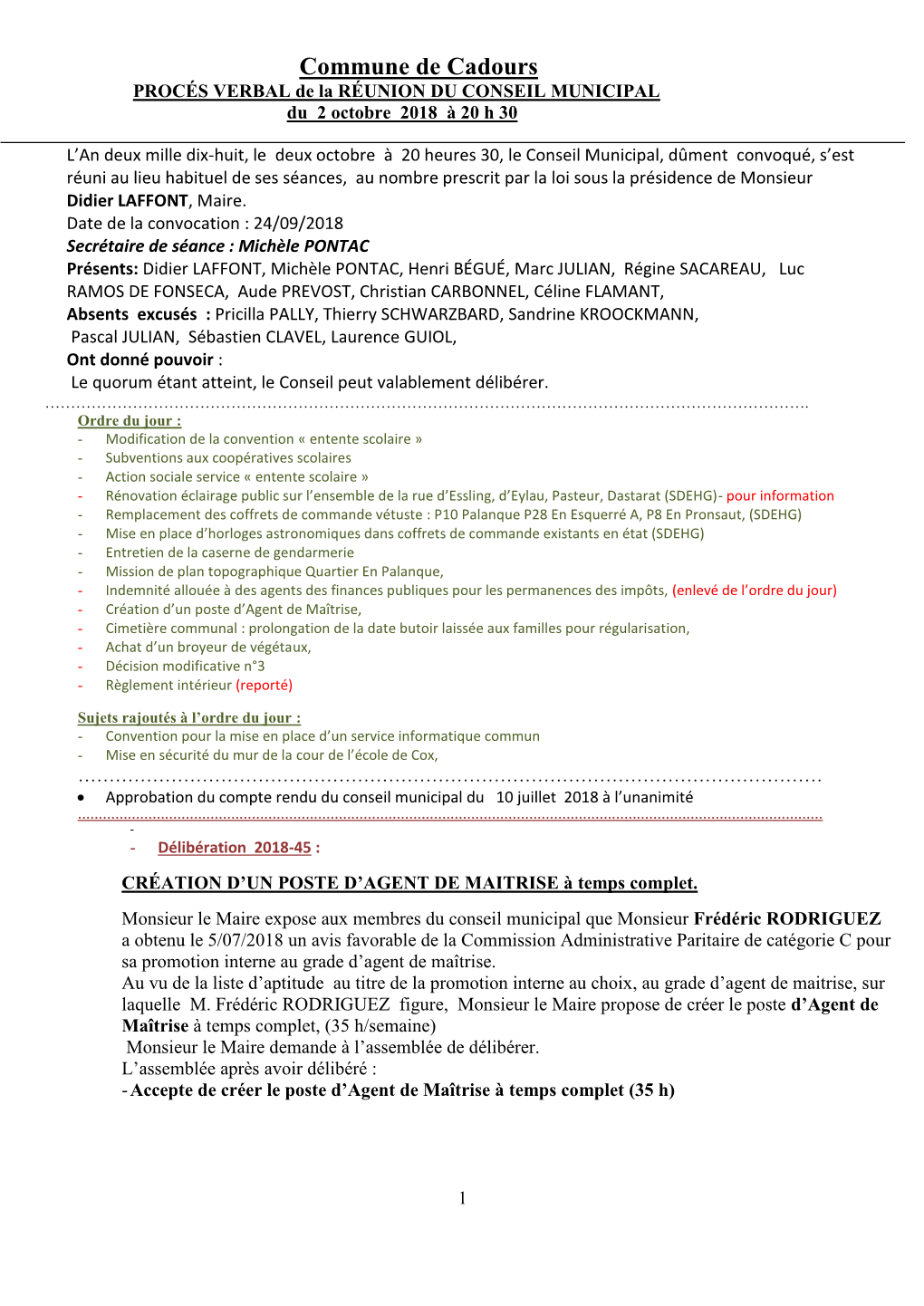 Commune De Cadours PROCÉS VERBAL De La RÉUNION DU CONSEIL MUNICIPAL Du 2 Octobre 2018 À 20 H 30